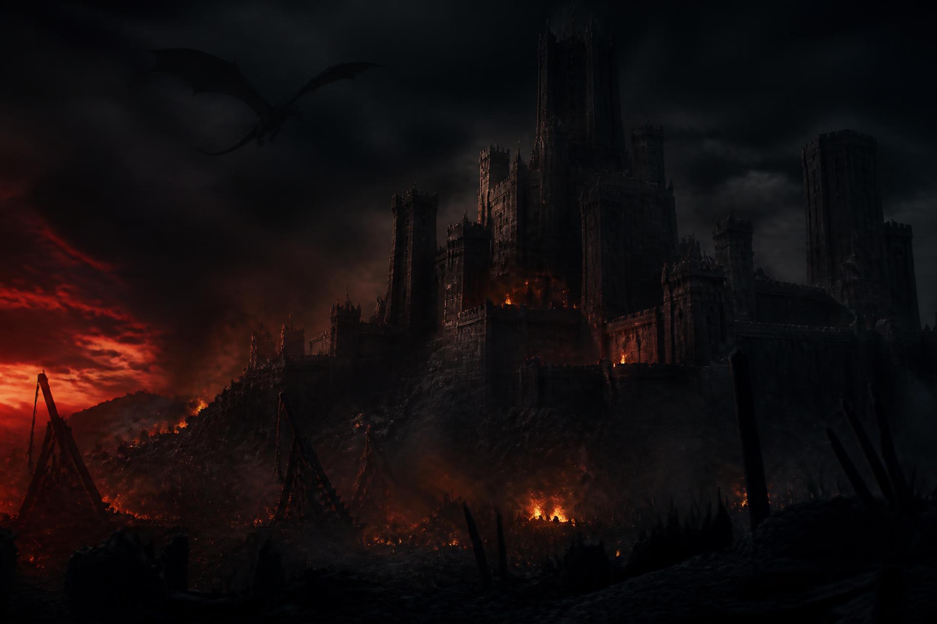 A besieged fortress burning under a blood-red night sky